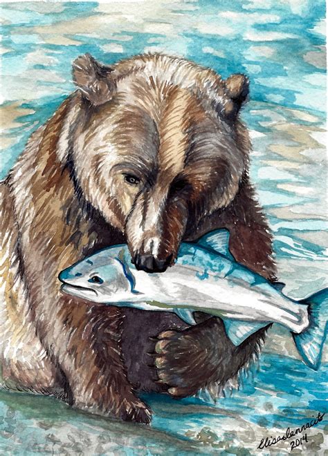 Watercolour Grizzly Bear With Fish Print nice - Etsy Canada