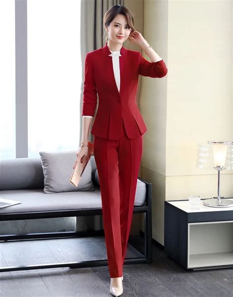 2019 Formal Elegant Women's Blazers Trouser Suits Ladies Red Blazer Women Business Suits with ...