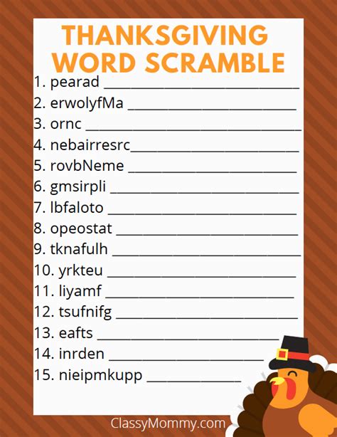 Free Printable Thanksgiving Word Scramble - Classy Mommy