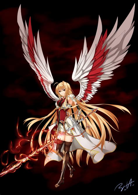 Wallpaper : illustration, blonde, long hair, anime girls, wings, armor, red eyes, sword, wing ...