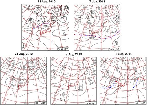 Surface weather charts at 09H JST on 23 August in 2010, 7 June 2011, 31... | Download Scientific ...