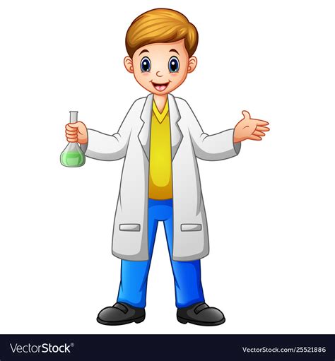 Cartoon boy scientist holding a test tube on white