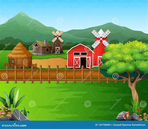 Cartoon of Farm Landscape with the Beautiful Nature Stock Vector ...