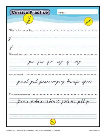 Cursive J - Letter J Worksheets for Handwriting Practice