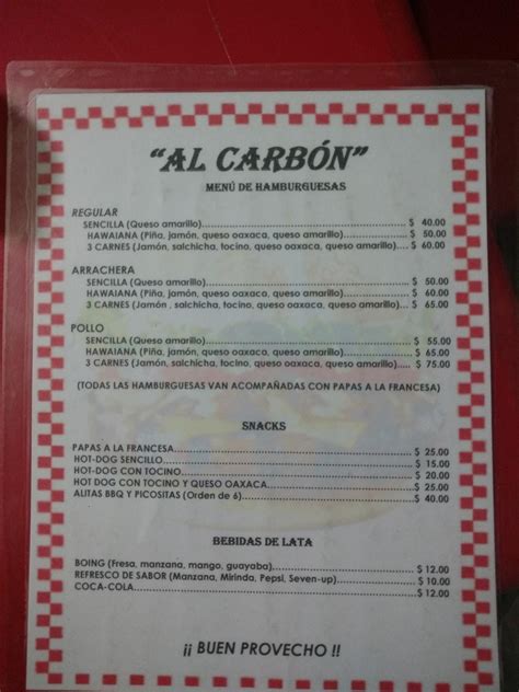 Menu at AL CARBON restaurant, San Nicolás Tolentino