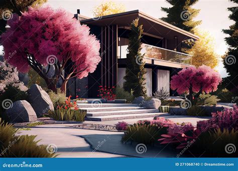 Spring Flower Garden with Modern House Exterior Landscape Design Stock Illustration ...