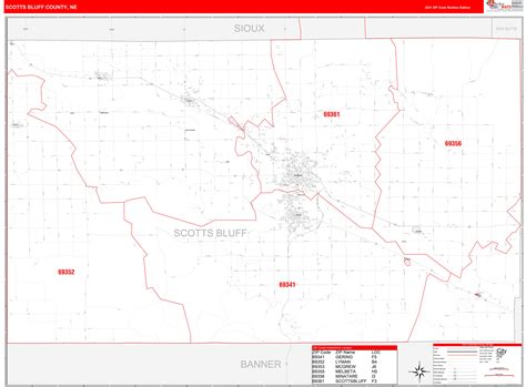 Scotts Bluff County, NE Zip Code Wall Map Red Line Style by MarketMAPS