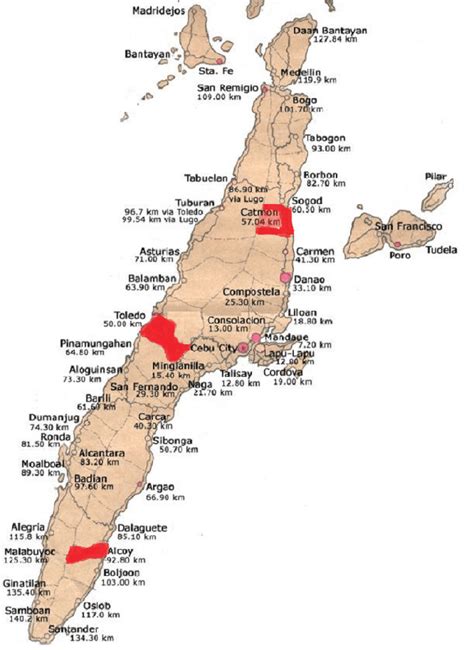 Map of Cebu province showing the three study sites (red shaded... | Download Scientific Diagram