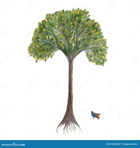 Hand-painted Watercolor Tree and a Bird Isolated on White Stock ...