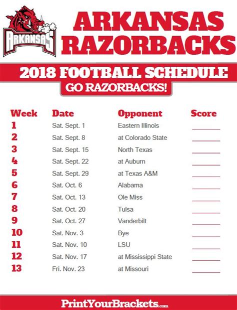 Printable Arkansas Razorbacks Football Schedule | Arkansas razorbacks football, Arkansas ...