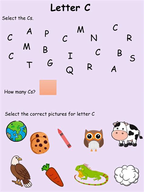 the letter c worksheet is filled with pictures