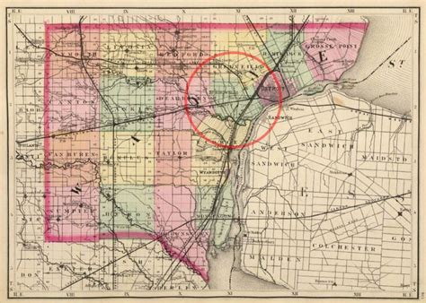 an old map with a red circle in it's center and the name of the city