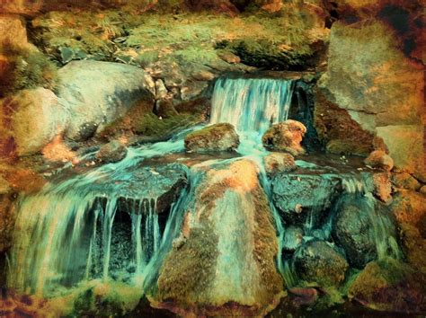 a painting of a waterfall with rocks and water flowing down it's sides ...