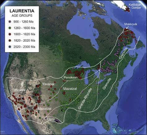 Google Earth map of Laurentia with main geological provinces (white... | Download Scientific Diagram