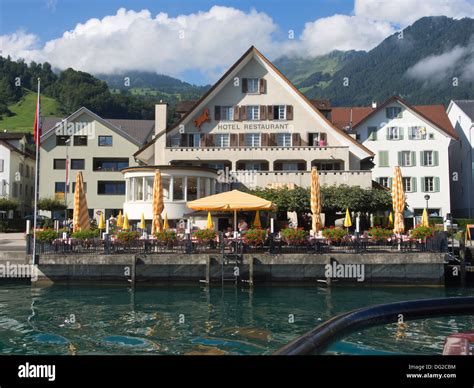 Boat trip on Lake Lucerne Switzerland, view of Hotel Restaurant Stock ...