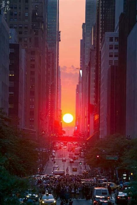 Manhattan NY...the sun sets perfectly between these buildings only 2 ...