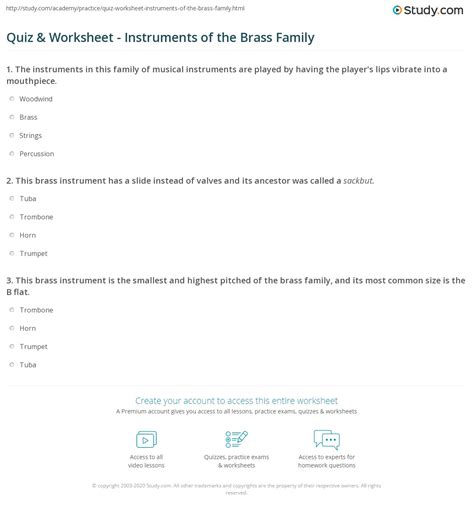 Quiz & Worksheet - Instruments of the Brass Family | Study.com