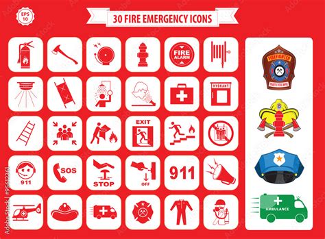 Set of fire emergency icons (fire exit, emergency exit, fire assembly ...