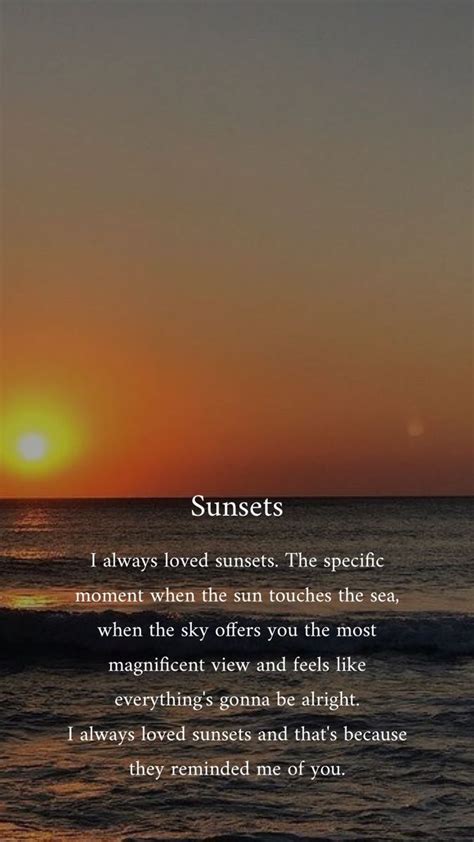 the sun is setting over the ocean with a poem written in front of it that reads, sunsets i ...