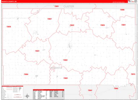 Washita County, OK Zip Code Wall Map Red Line Style by MarketMAPS - MapSales