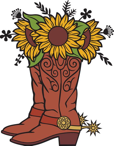 Cowboy Boots with Sunflowers and Plants. Floral Design. Vector ...