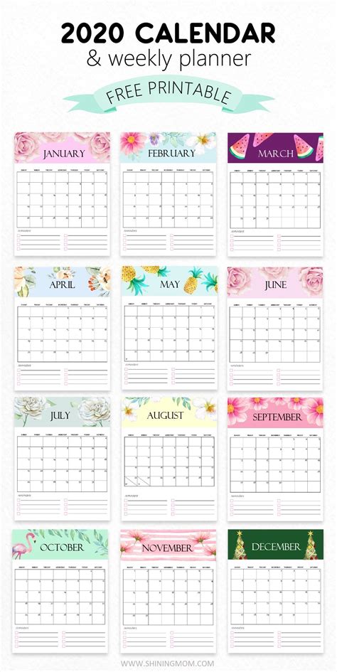 FREE Calendar 2020 Printable: 12 Cute Monthly Designs to Love! | Free ...