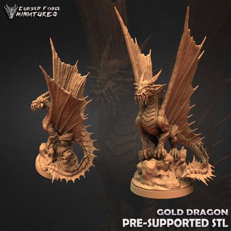 3D Printable Adult Gold Dragon (supported) by Cursed Forge Miniatures