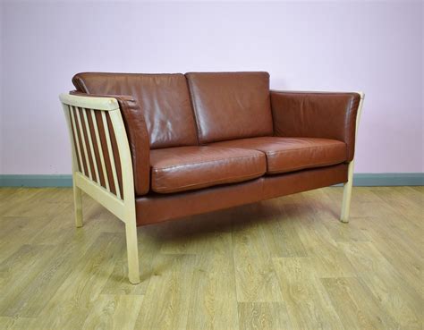 Vintage Danish Tan Brown Leather 2 Seat Sofa - 1970s - Design Market