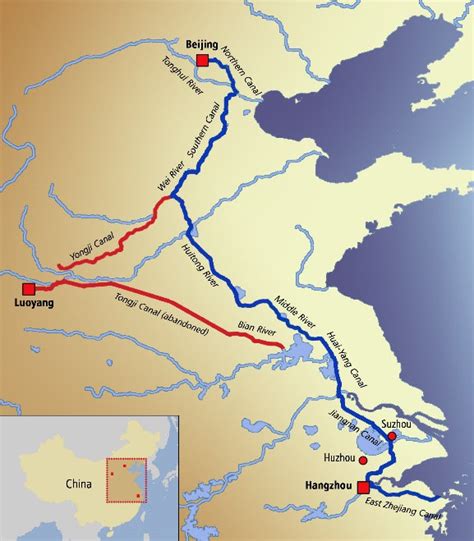 Map of the Grand Canal. The Sui Dynasty Canal is shown in red ...