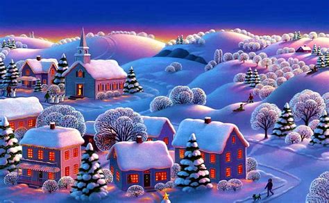 Winter Village, snow, houses, painting, church, trees, artwork, HD wallpaper | Peakpx