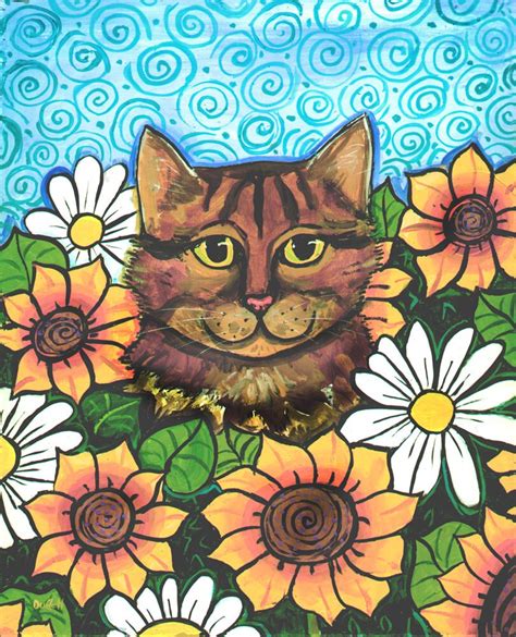 Tabby Calico Cat Sunflowers Daisies PRINT Shelagh Duffett | Etsy