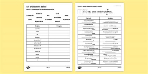 Place Prepositions Worksheet | French Grammar Exercises PDF