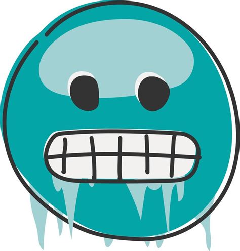 Cold emoji. Freezing emoticon, icy blue face with gritted teeth, icicles and snow cap. Hand ...