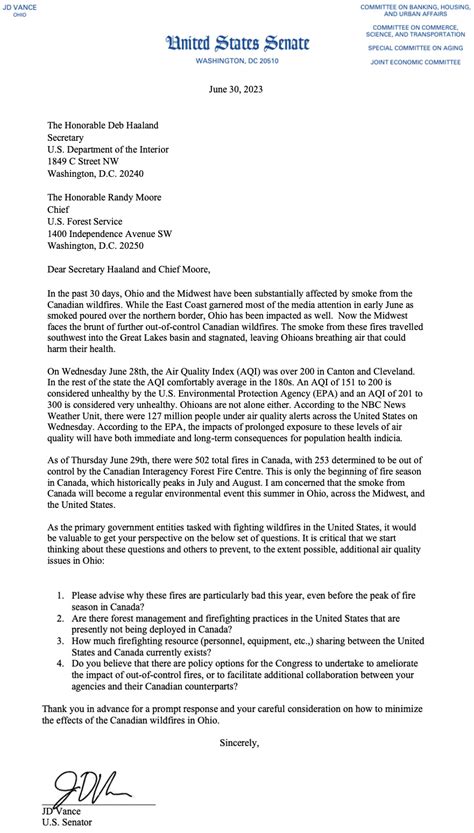 SENATOR VANCE ASKS INTERIOR SECRETARY FOR OPTIONS TO MITIGATE WILDFIRE ...