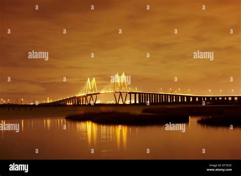 Night view cable-stayed bridge Fred Hartman Bridge Houston Ship Channel Baytown Texas USA Stock ...