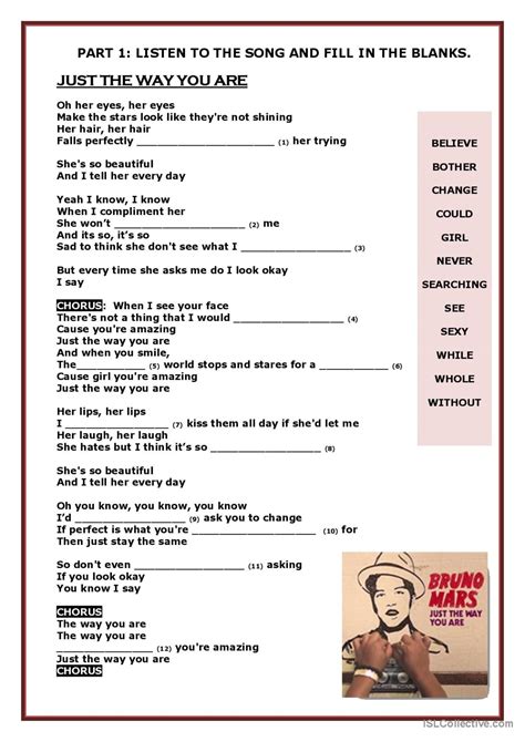 JUST THE WAY YOU ARE by Bruno Mars v…: English ESL worksheets pdf & doc