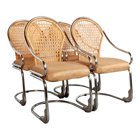 Mid Century Modern Italian Chrome & Woven Rattan Wicker Dining Chairs ...