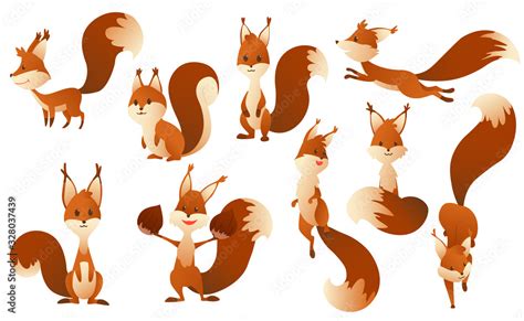 Cute cartoon squirrels. Sweet friendly animals. Vector illustration with simple gradients. Funny ...