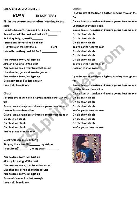 Lyrics Worksheet Roar by Katy Perry - ESL worksheet by loveformosa