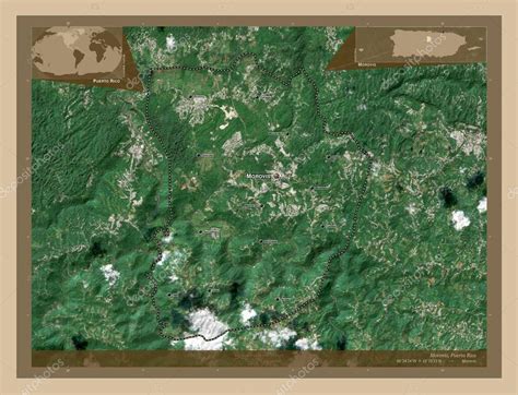 Morovis, municipality of Puerto Rico. Low resolution satellite map. Locations and names of major ...