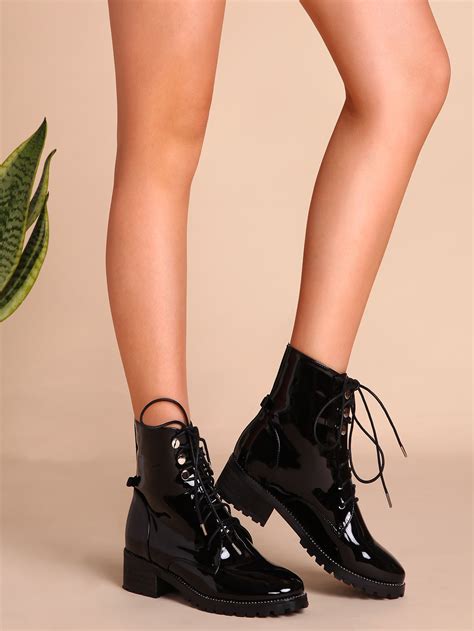 Black Patent Leather Lace Up Booties -SheIn(Sheinside)