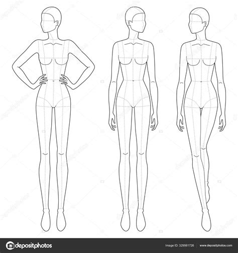 Drawing & Illustration Standing Pose Female Fashion Figure Template 9 Heads Fashion Croquis ...