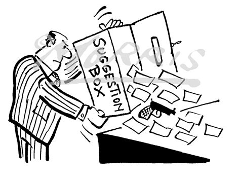 Office suggestion box comic cartoon: Ref: 1105bw | Business cartoons