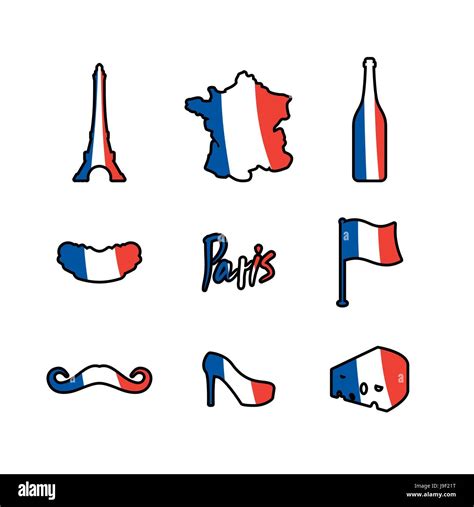 Paris icons set. Traditional French national symbols. Eiffel Tower and croissant. French flag ...