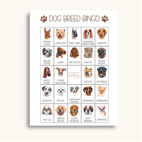 50 Printable Dog Bingo Cards Dog Breed Picture Bingo Dog Themed Birthday Party Game Puppy Party ...