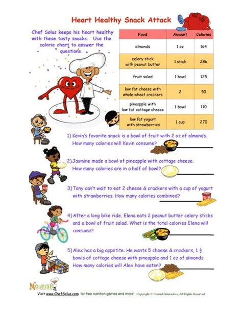 Heart Healthy Snack Attack Math Worksheet For Kids