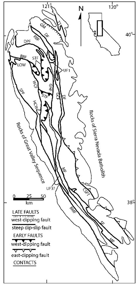 Map showing major faults of the Sierra Nevada Foothills metamorphic ...