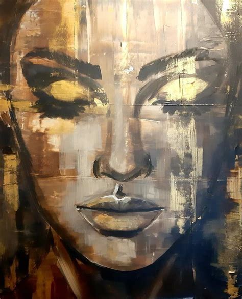 an abstract painting of a woman's face with eyes closed and gold paint on it