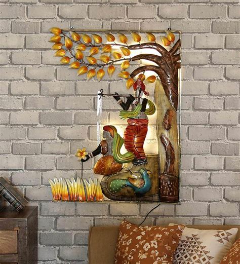 Buy Iron Radha Krishna Wall Art With LED In Yellow By Malik Design ...