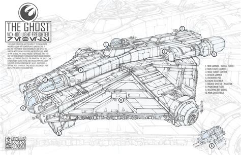 a drawing of the ghost ship from star wars, with all its parts labeled in blue ink